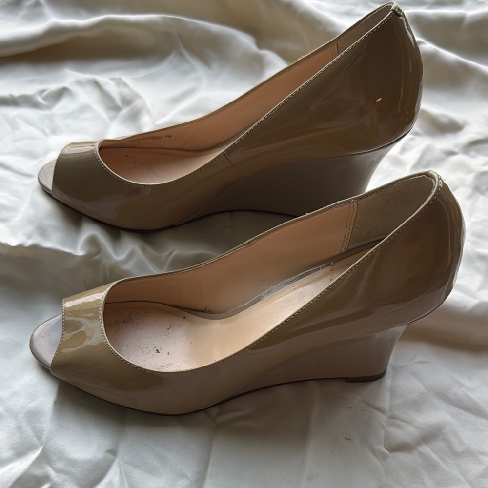 Cole Haan Lena Taupe Patent Peep-Toe Wedges